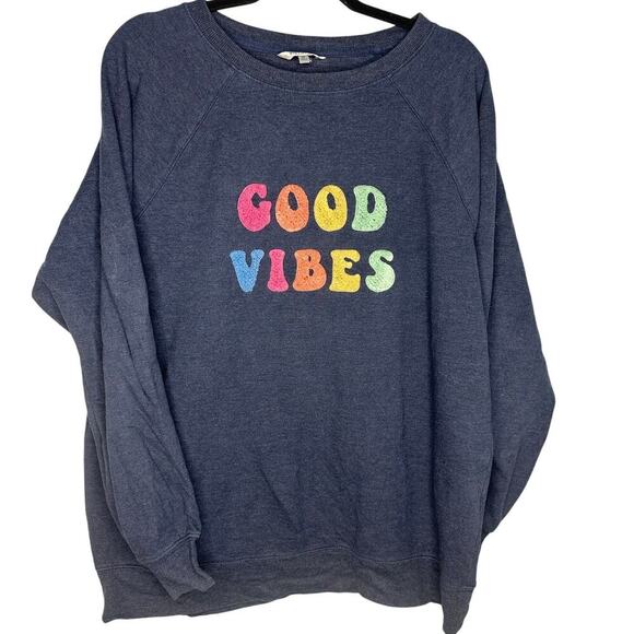 Wildfox "Good Vibes" Crewneck Sweatshirt Size Medium Blue Rainbow Fun Stretch - Picture 1 of 7
